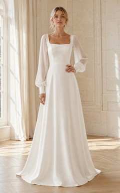 Robe de mariée carrée à manches longues plissées en mousseline, coupe trapèze, traîne simple