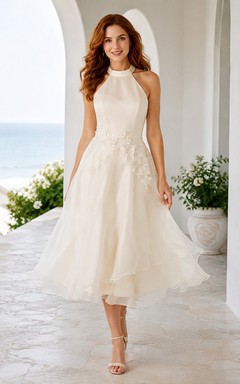 Halter Neck Sleeveless Tulle A-Line Tea-Length Beach Wedding Dress