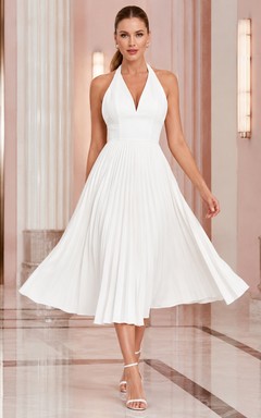 Marble Swing White A-Line Tea-Length Halter Sleeveless Chiffon Vintage Cocktail Dress