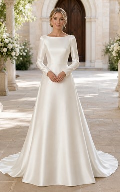 Schlichtes Satin-Brautkleid mit U-Boot-Ausschnitt und langen Ärmeln