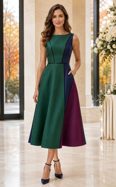 Robe d'invitée sans manches à motif bateau et blocs de couleur, coupe trapèze, couleur bijou