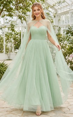 Mint Green Sweetheart Tiered Tulle Cape Sleeve A-Line Gown Dress