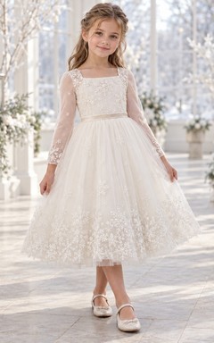 Ivory Tulle Square Neck Long Sleeve Snowflake Flower Girl Dress