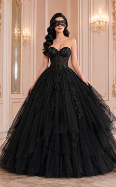 Black Luxury Strapless Sweetheart Beaded Lace Tiered Tulle Ball Gown Masquerade Dress