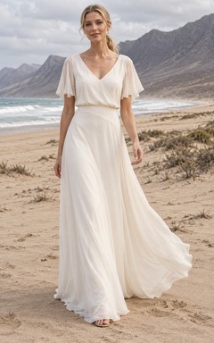 Vestido de novia sencillo de georgette con escote en V, corte en A, mangas cortas y cola.