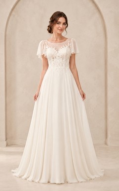Modest Bateau Flutter Sleeve Lace Bodice A-Line Wedding Dress