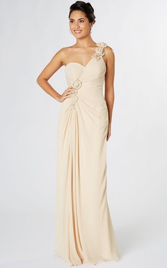 Sheath Sleeveless One-Shoulder Floral Chiffon Bridesmaid Dress