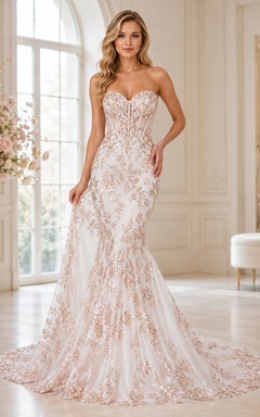 Meerjungfrauen-/Trompetenkleid mit Pailletten in Roségold, herzförmiger Silhouette, ärmellos, bodenlang, mit Schleppe – ein luxuriöses Brautkleid
