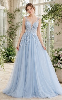 Sky Blue Chiffon V-Neck Cap Sleeve A-Line Prom Gown