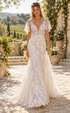 Boho V-Neck Flutter Sleeve Floral Lace Mermaid Wedding Dress