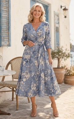 Robe d'invitée de thé bleu acier à col V et manches trois-quarts en lin fleuri, coupe trapèze, col V et manches trois-quarts
