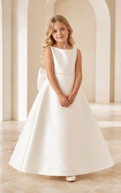 Flower Girl Dress Ivory Satin A-Line Jewel Neck Tea Length Bow Detail