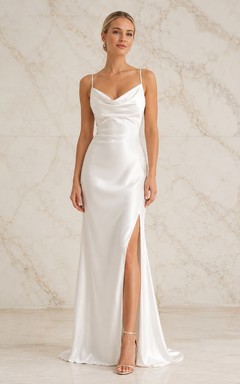 White Cowl Satin Side-Slit Sheath Floor-Length Sleeveless Sexy Evening Gown