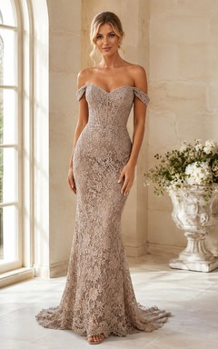 Taupe Lace Off-the-shoulder Short Sleeve Mermaid Floor-length Romantic Formal Evening Dress