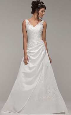 Vestidos de novia de corte A, con drapeado lateral, escote en V, sin mangas, de satén elástico y con apliques.