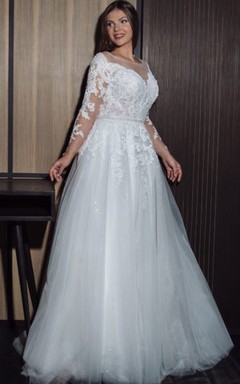 Elegantes, schlichtes Brautkleid in A-Linie mit Illusion-Ausschnitt, langen Ärmeln und Spitzenapplikationen in großen Größen