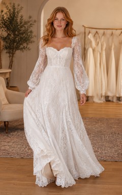 Boho-Brautkleid mit langen Ärmeln und Spitze im A-Linien-Stil (Showroom-Bereich)