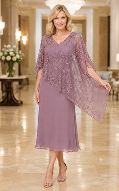 Mauve Tea-Length Mother Dress with Lace Poncho Overlay
