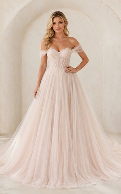 Blush Off-the-Shoulder Sleeveless Corset Tulle A-Line Sweep Train Prom Dress
