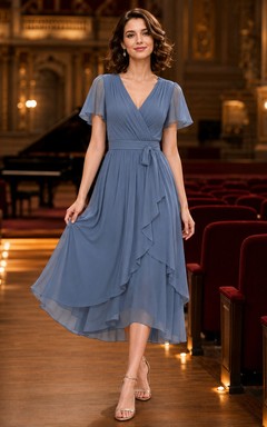 Dusty blue V-neck wrap chiffon piano recital midi dress