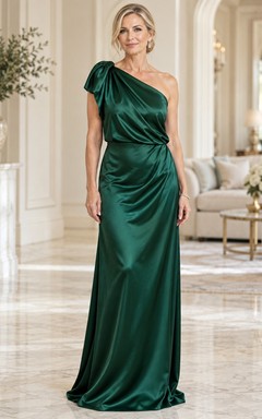 Smaragdgrünes, formelles, einseitig schulterfreies, ärmelloses, drapiertes Satin-Abendkleid in Bodenlänge