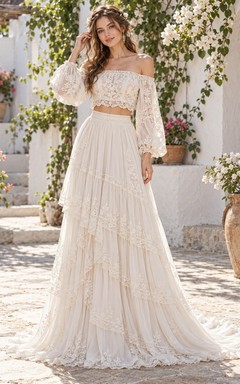 Boho Two Piece Off Shoulder Poet Sleeve Lace Wedding Dress