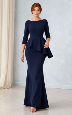Vestido formal largo hasta el suelo de crepé azul marino oscuro con escote barco, mangas tres cuartos, peplum y corte sirena.