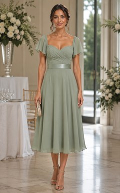 Sage Sweetheart Chiffon Cap Sleeve Tea-Length Dress