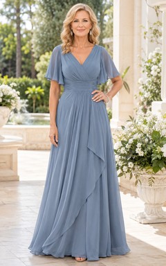 Stahlblaues Chiffon-Kleid in A-Linie mit V-Ausschnitt und Volantärmeln