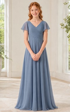 Elegantes, stahlblaues Brautjungfernkleid für junge Damen, A-Linie, V-Ausschnitt, kurze Ärmel, aus elegantem Chiffon.