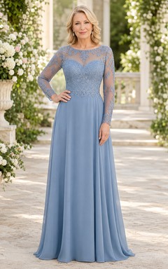 Stahlblaues Chiffon-Kleid in A-Linie mit Spitzenoberteil und langen Ärmeln