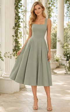 Celadon Square Neck Satin Pleated Tea-length Modern Garden Guest Dress