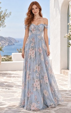 Vestido largo de dama de honor de gasa azul acero con estampado floral y escote corazón, estilo bohemio.