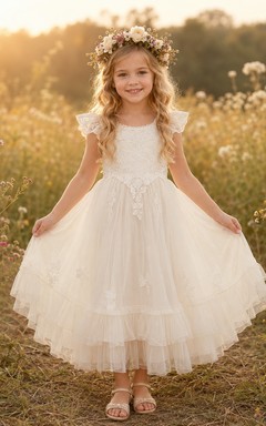 Flower Girl Dress Ivory Lace Tulle A-Line Short Sleeve Scoop Neck Tea Length