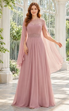 Blush Pleated V-neck Cape Sleeve Chiffon A-Line Evening Gown Dress