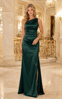 Opera Evening Formal Dark Green Elegant Modern Sheath Satin Bridesmaid Dress with One-Shoulder Sleeveless Floor-Length Slit Skirt Open Back