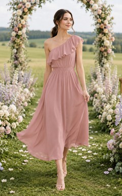 Robe de jardin rose poudré asymétrique à volants, longueur thé, coupe trapèze.