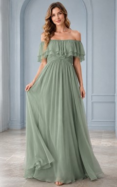 Formelles schulterfreies, bodenlanges Brautjungfernkleid aus Chiffon mit Rüschen in A-Linien-Form