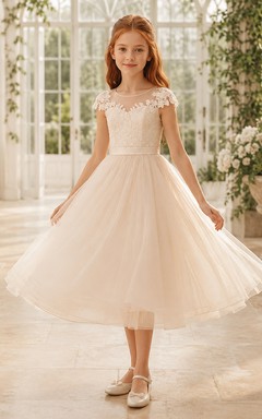 Cap Sleeve Lace Tulle A-Line Flower Girl Dress with Jewel Neck and Tea-Length Skirt