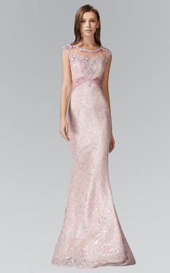 Sheath Long Scoop-Neck Cap-Sleeve Lace Keyhole Dress With Beading
