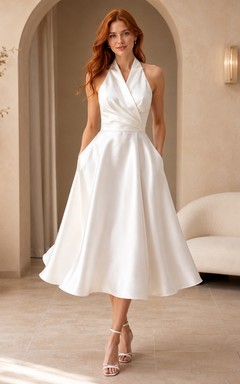 Elegantes, tailliertes A-Linien-Brautkleid aus Satin mit Neckholder und Drapierung für standesamtliche Hochzeiten