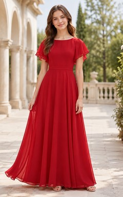 Vestido rojo de dama de honor juvenil, corte en A, largo hasta el suelo, manga corta con detalle de volantes, estilo romántico.