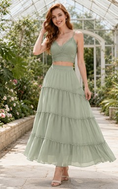 Sage Square-Neck Sleeveless Chiffon Two-Piece Tiered Ankle-length Casual Garden Dress