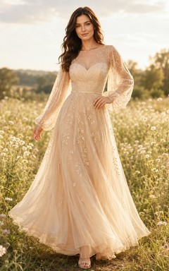 Gold Long Poet Sleeve Illusion Lace Tulle A-Line Floor-Length Luxury Etheral Gown