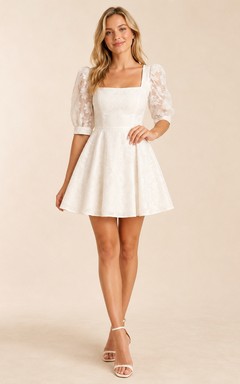 Studio Bloom White A-Line Mini Square Half-Sleeve Lace Romantic Homecoming Dress