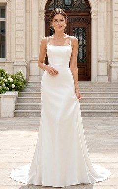 Square Neck Spaghetti Strap Satin Minimalist Civil Bridal Gown