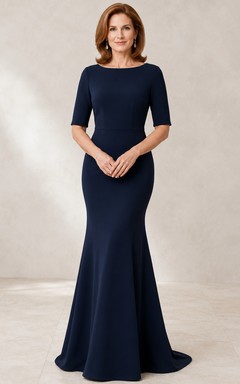 Dark Navy Mature Bateau Half Sleeve Mermaid Evening Gown