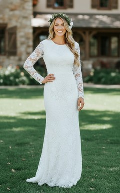 Robe de mariée élégante à manches longues entièrement en dentelle - Robe de mariée fourreau à col rond et col bijou