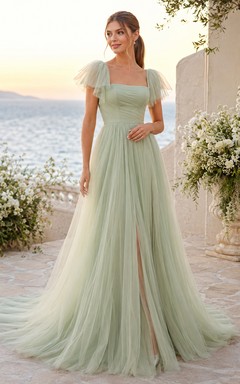 Robe de mariée trapèze en mousseline de soie, col carré, manches papillon et fente, couleur sauge