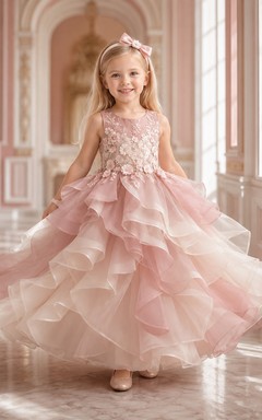 Vestido de princesa largo hasta el suelo para niña de las flores, vestido rosa rubor con encaje y volantes de pétalos.